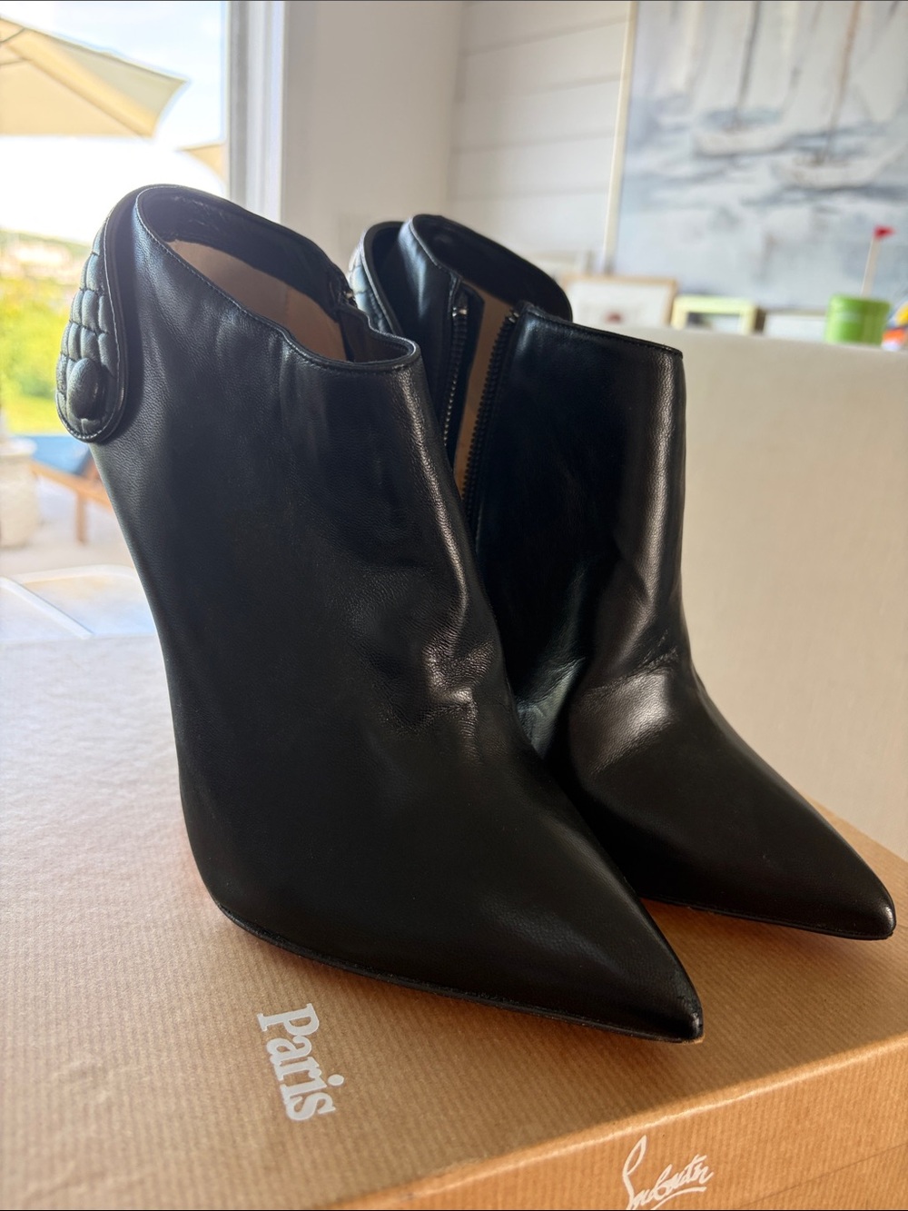 Christian Louboutin Black Leather Pointed Ankle Boots with Red Sole - Picture 2 of 5